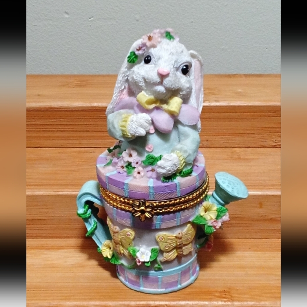 Decorative Pastel Bunny Watering Can Trinket Box - Mint & Pink